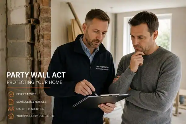 Party wall surveyor Esher discussing extension plans with homeowner outside a UK semi-detached house.